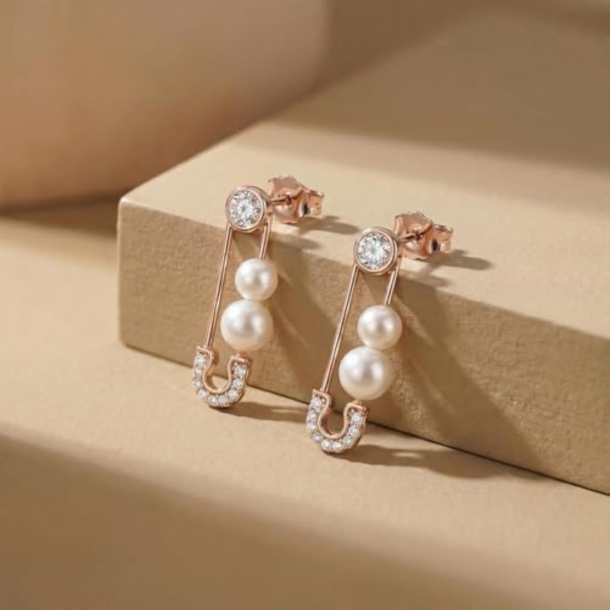 Women's Pure 925 Silver Safety Pin Pearl Stud Earrings, Elegant Gift