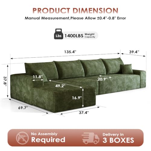 Image of Boneless Couch, Modular Sectional Couches for Living Room, U-Shaped Cloud Couch Sofa with Deep Seat, Fluffy Corduroy Upholstered Corner Sofa