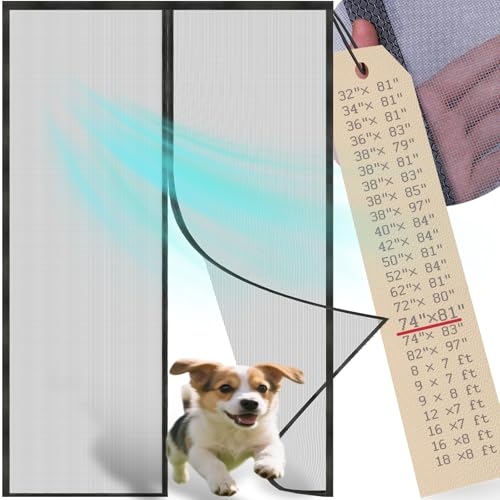 Hirdborte Magnetic Screen Door Mesh with Magnetic Closure Heavy Duty Thickened Fiberglass Screen -Frame Hook & Loop, Pet Friendly (Gray Summer Mesh Screen Door, Screen Size 74x81 inch)