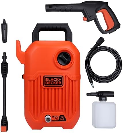 BLACK+DECKER BEPW1600 1300W 1600 PSI 110 Bar Pressure Washer for Car, Bike, Home & Garden Cleaning Use with Multiple Accessories Included, 1 Year Warranty, Orange & Black