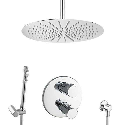 PaulGurkes Unterputz Duschsystem XXL 40cm mit Thermostat Komplettset Tropenwalddusche Kopfbrause Duschset einbaufertig Messing Deckenarm Edelstahl rund