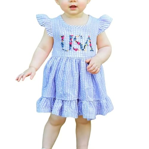 Socutebabe 4th of July Baby Girl Outfits Fourth of July Use Embroidered Dress Toddler Little Girls Smocked Outfit (Floral USA Blue, 3-4 Years)