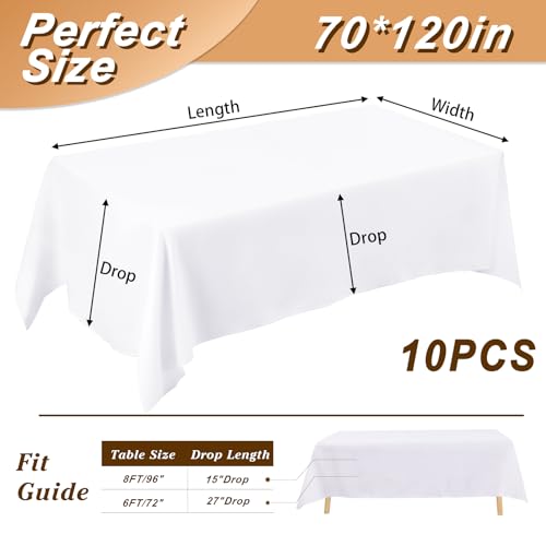 Fixwal 10 Pack White 70 x 120 Inch Rectangle Tablecloths, Reusable Heavy Duty Washable Polyester Table Covers for 6-8 Ft Tables, Wedding, Party Picnic, Camping by Fixwal - Used condition - Image 2