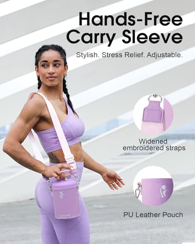 Image of Coolflask 64 oz Water Bottle Insulated with PU Leather Sleeve & 3 Lids
