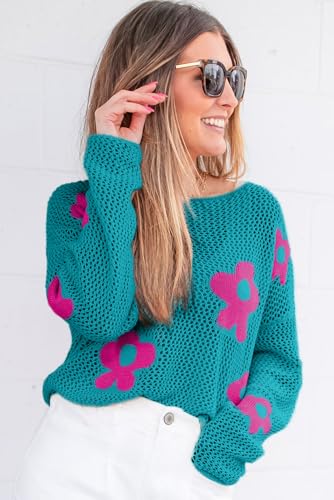 Casual Knit Top with Floral Pattern and Open Knit - Sea Green4