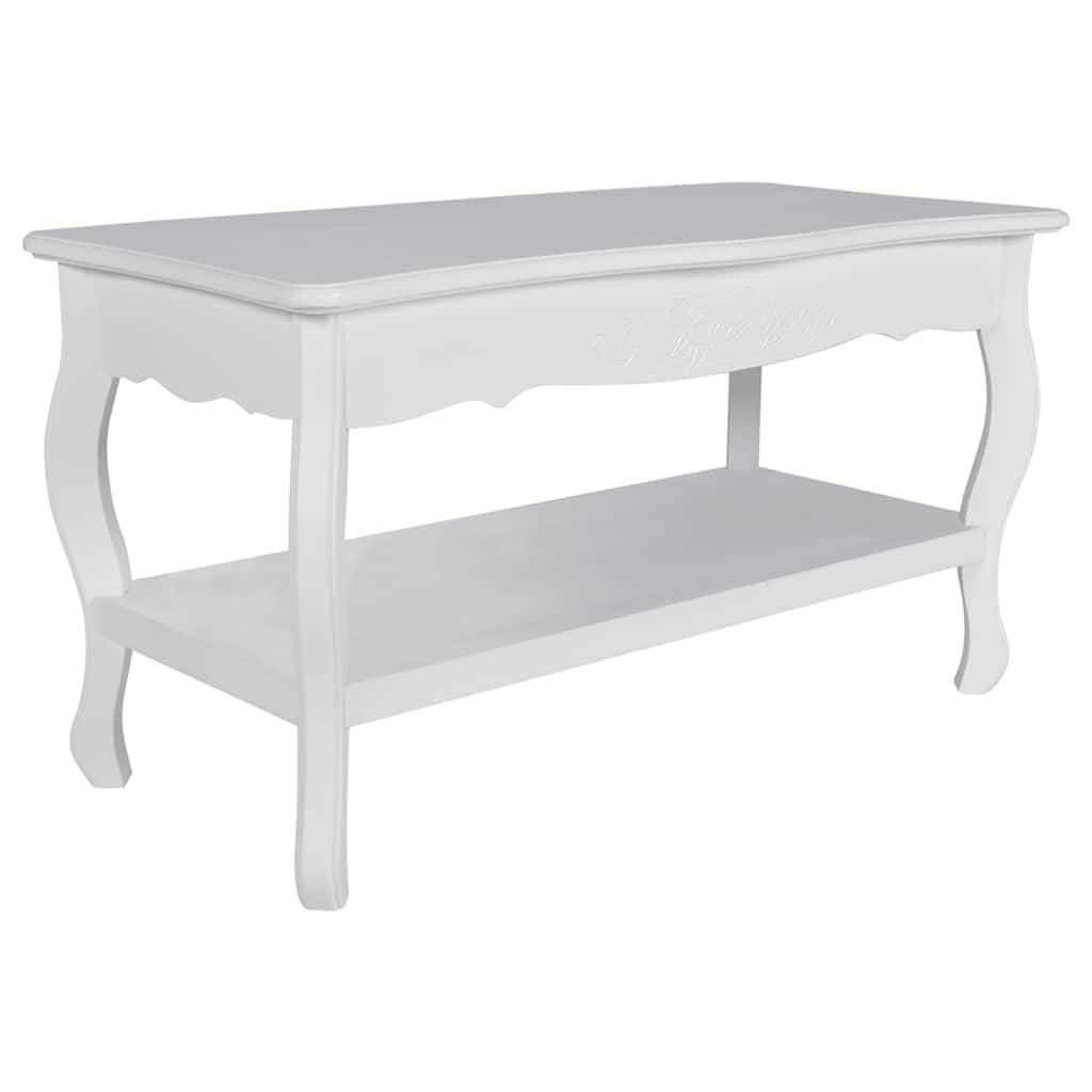 Mesa de centro blanca con estante, 87,5 x 42 x 44 cm, de MDF y pino macizo, diseño moderno, estilo provincial francés, construcción robusta y espacio de almacenamiento para salón, dormitorio