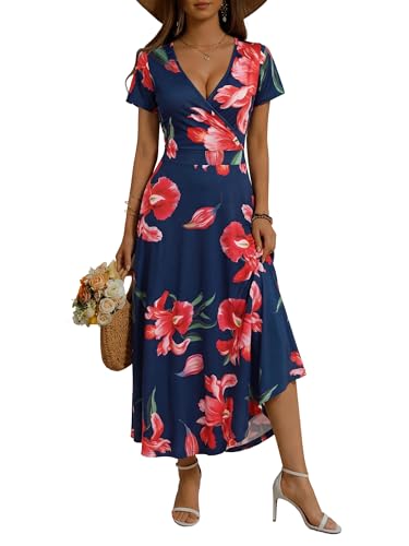 Image of HUHOT Women's Short Sleeve Wrap V Neck Dresses for Wedding Guest Summer Floral Maxi Sundresses with Pockets Boho Dress