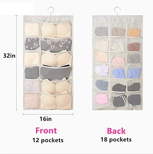Cutiful Beige 30 Pockets Dual-Sided Hanging Closet Organizer for Underwear, Bra, Socks, Snacks, Makeup, Sunglasses Hanging Storage Organizer in Bedroom, Storeroom, Dorm (30 Pockets) - Thumbnail 3