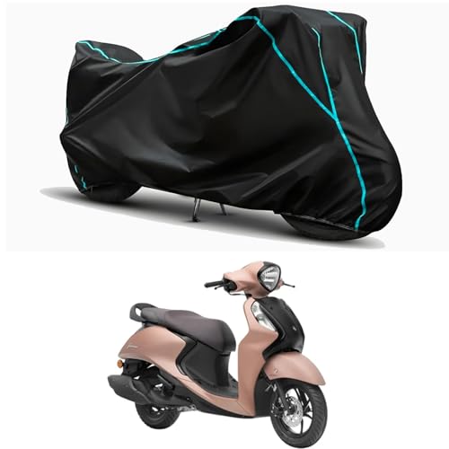 Image of Waterproof Bike Body Cover Compatible for | Yamaha Fascino 125 SPL Disc | Taffeta Fabric, Sky Piping Design, Bottom Elastic Fit | Dustproof, Sun UV & Rain Protection for All Weather.