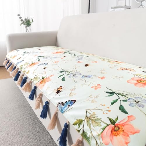 Image of HOKIPO Sofa Cover Mat with Tassel for 1 /2 /3 Seater & L Shape Sofa | DIY Sofa Cover Set | Printed Holland Velvet | 'Whispers of Nature' | 70(W) x 170(L) cm | Pastel Butterfly Meadow (NEW-IN-1121-D2)