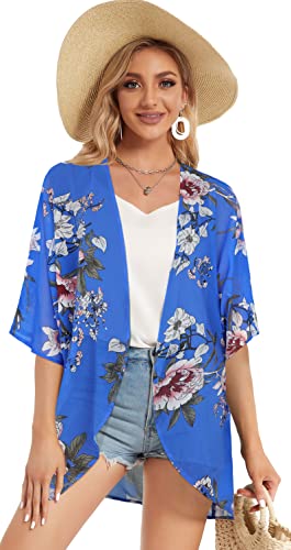 Womens Fall Cardigans Casual Loose Open Front Kimono Tops Chiffon Jacket Shirts(Rayol Blue Floral, L) #TOP1