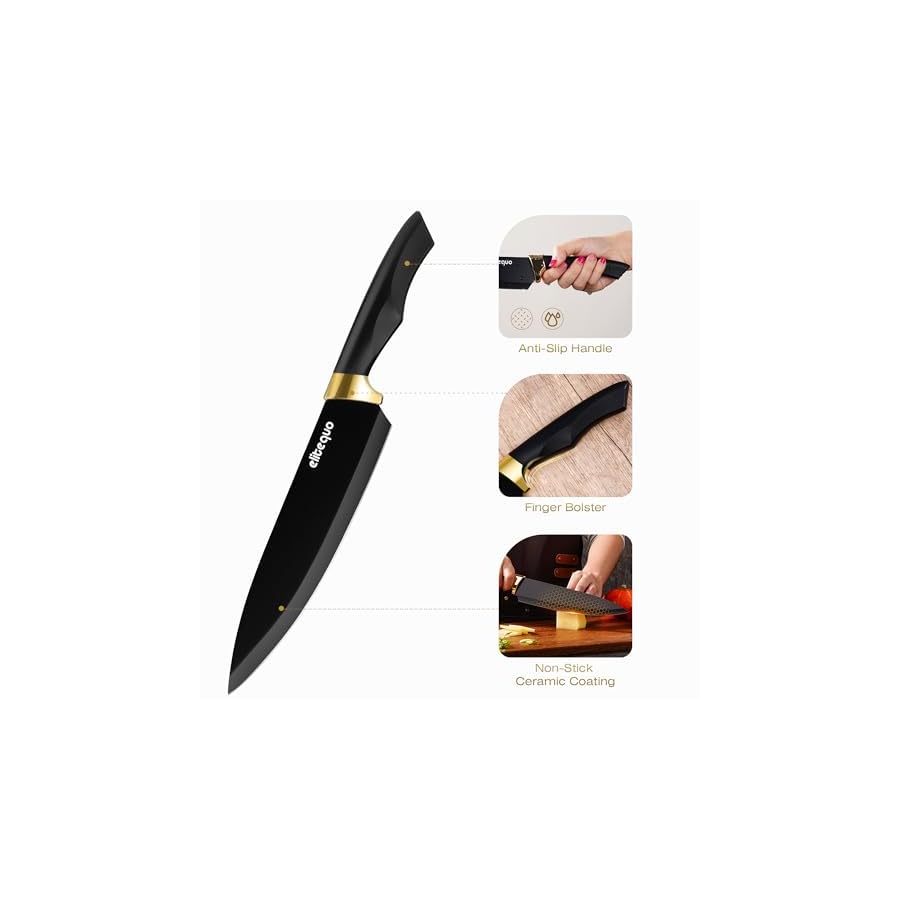 Knife Set With Block,Dishwasher Safe Kitchen Knife Set With Built-In Sharpener,German Stainless Steel Black Knife Block Set(Night Flash Series)