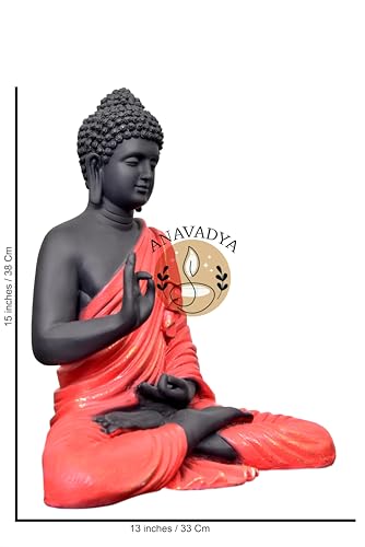 Image of Beautiful Sitting Buddha Idol Statue for Home & Garden Living Room | Healing Spirit Blessing Buddha Statue - 15 Inch Size (Red + Black)
