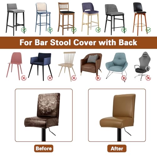 Image of PU Leather Bar Stool Covers with Backs, 2 Pack Stretch Waterproof Bar Stool Chair Covers Washable & Comfortable Barstool Covers Slipcovers with Back for Pub /Counter /Dining Room (Light Coffee)