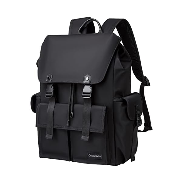 Colins Keirs Black Backpack for Men, 16 Inch Laptop Backpack with Computer Compartment, Drawstring Slim Waterproof Tech Backpack for Travel, Work, College or Daily Use