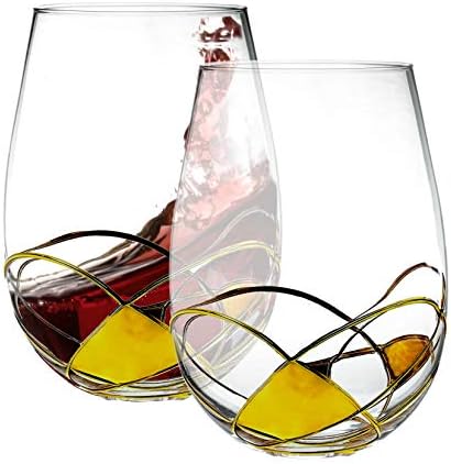 Bezrat Stemless Wine Glasses Set of Two | Hand Painted Large Premium Red and White Wine glasses | Lead-Free Crystal | Essential Wine Gift | 18 Ounces (Gold)