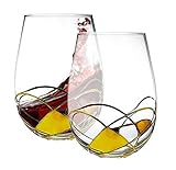 Bezrat Stemless Wine Glasses Set of Two | Hand Painted Large Premium Red and White Wine glasses | Lead-Free Crystal | Essential Wine Gift | 18 Ounces (Gold)