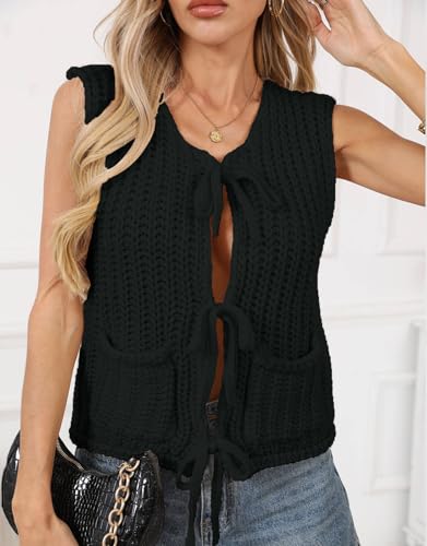 Image of Trendy Cardigan Sweater Vest Crochet Knit Top Sleeveless Bows with Pockets
