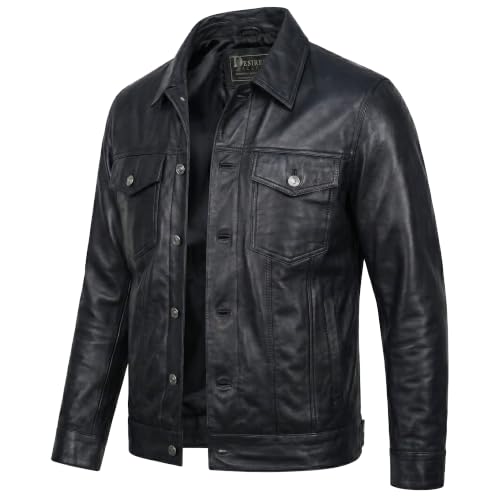 Image of Vintage Style Trucker Leather Jacket Men Real Lambskin Vintage Trucker Shirt Collar Mens Leather Jackets