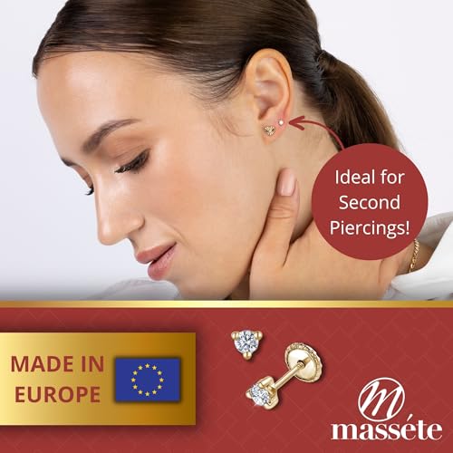 14k Gold 3-Prong Simulated Diamond Stud Earrings - Martini Style, 3mm 4mm 5mm, Covered Screwback for Women2