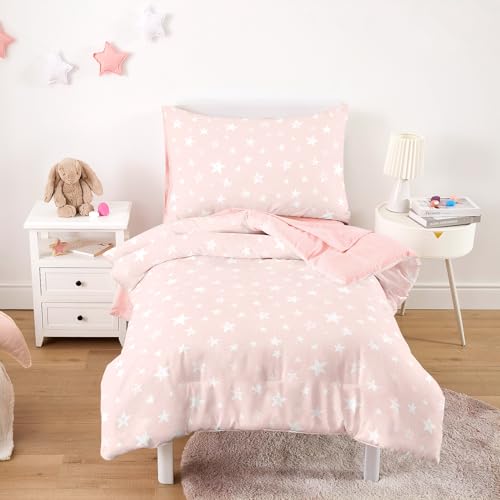 Image of Wake In Cloud - Toddler Bedding Set for Boys Girls, Cute Star Polka Dot, 4 Pieces Soft Crib Bed Set Including Comforter, Sheets and Pillowcase, Light Pink