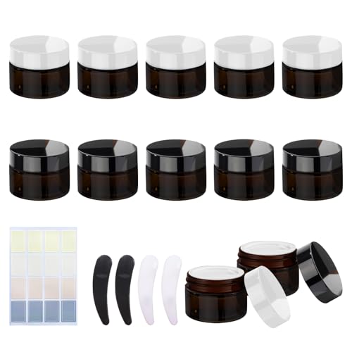 10 Stück Amber Glas Leerdose, 10ml Braunglas Leer Dosen, Kosmetisches Glas, Nachfüllbare Behälter Klein Glas, Cremedose mit Deckel, Reise Cremedosen zum Befüllen für Cremes,Lotion,ätherische Öle