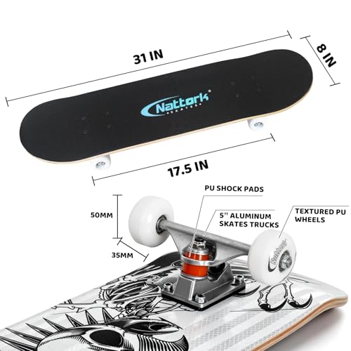Image of Nattork Skateboards 31 Inch Complete Skateboard Wood 9 Layer Canadian Maple Trick Skate Boards for Boys Girls Youth Teens Beginner