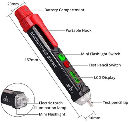 Neoteck Non-Contact AC Voltage Tester Pen with Adjustable Sensitivity 12V-1000V/48V-1000V, LCD Display, Buzzer Alarm, LED Flashlight, Live/Null Wire Judgment - Black