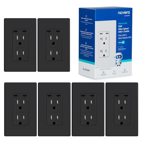 ELEGRP 45W Ultra-Speed USB C Outlet, 15 Amp Dual Type-C TR Wall Outlet Receptacle, Charging Power Outlet for iPhone 17 Series & More, UL Listed, 6 Pack, Matte Black by ELEGRP - Used condition - US$104.20