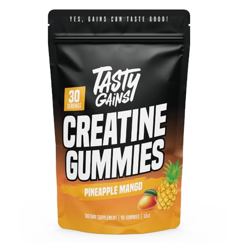 TASTY GAINS Creatine Gummies - 90g of Creatine Monohydrate - Workout Supplements - Build Muscle & Boost Strength for Men & Women - Made in USA - Non GMO - Vegan Friendly (Large, Pineapple Mango)