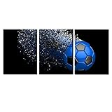 Blue Soccer Football Canvas Wall Art Prints Wrapped on Frames 3 Pieces for Boys Kids Room Poster Decoration Ready to Hang,12x16inchx3 (Blue)