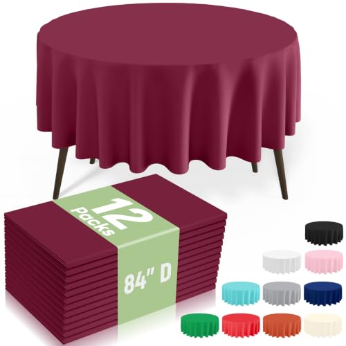 Image of misaya 12 Packs Disposable Plastic Table Cloth, 84 inch Round Waterproof Tablecloth, Leakproof & Sturdy Decorative Table Covers for Picnic, Party, Outdoor and Back to School, Wine Red