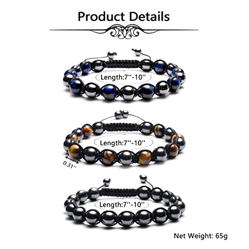 Top Plaza Men's Women's Reiki Healing Energy Natural Tiger Eye Stone Hematite Therapy Beads Macrame Adjustable Braided Link Bracelet(Set Of 3) #TOP5