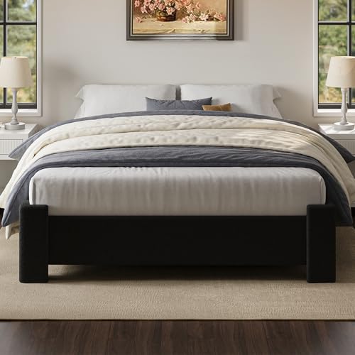 ZENBEDING Queen Platform Bed Frame, Boucle Platform Bed Frame Queen Size, Heavy Duty Bedframe No Box Spring Needed, Easy Assembly (Black)