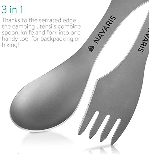 Navaris Titanium Spork Camping Utensils (Set of 2) - 3-in-1 Fork, Spoon, Knife Cutlery Combo - Metal Silverware for Backpacking, Hiking, Outdoors