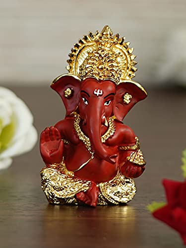 Image of eCraftIndia Golden And Red Polyresin Lord Ganesha Idol For Home, Temple, Office, Car Dashboard - Divine Home Decor For Ganesha Devotees- Gift For Family, Friends- Suitable For Ganesh Chaturthi, Diwali