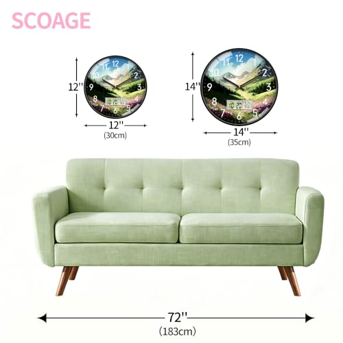 Image of 14'' Valley Meadow Wall Clock, Analog Clock with Digital Display | Silent Non-Ticking, Battery Operated, Shows Date Day & Temperature, Decorative for Living Room, Bedroom, Kitchen, Office