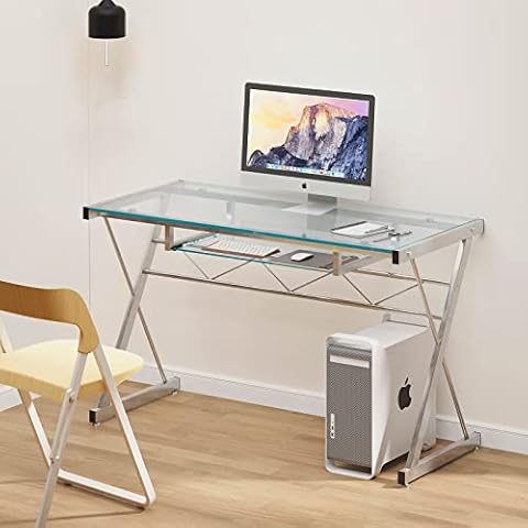 SogesHome Schreibtisch Computertisch Arbeitsplatz 120 cm aus Glas und Stahlgestell Cover