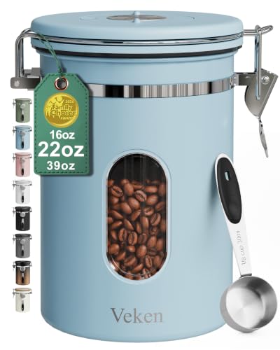 Image of Veken Coffee Canister with Window, Airtight Stainless Steel Container, 22OZ | Date Tracker,Kitchen Food Storage Organizers for Beans, Ground, Espresso, Rice,Tea, Sugar,Cereal, Gifts,Lids,Jars,Scoop, Blue