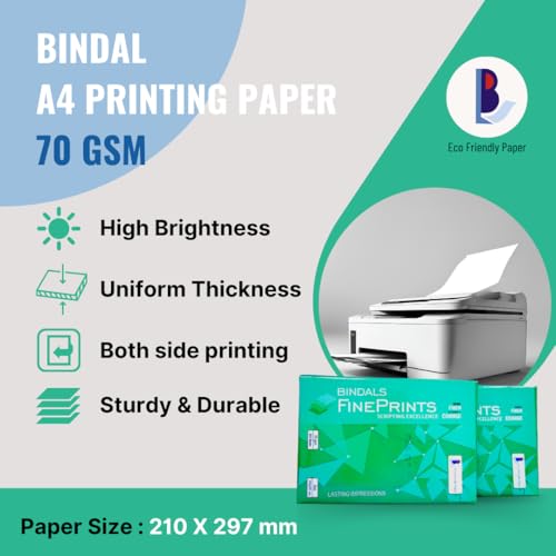 Image of BINDALS White Copier Paper | A4 Size | 70 GSM | 5 Reams & 500 Sheets per ream | Bright Plain Printing Paper | Fine Quality & Eco-friendly