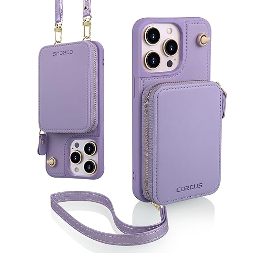 CORCUS Crossbody Wallet Case Compatible with iPhone 15 Pro with Strap-RFID Blocking Zipper Card Holder Leather Purse Phone Cover Wristlet-lanyard women (6.7-inch)-Violet Purple