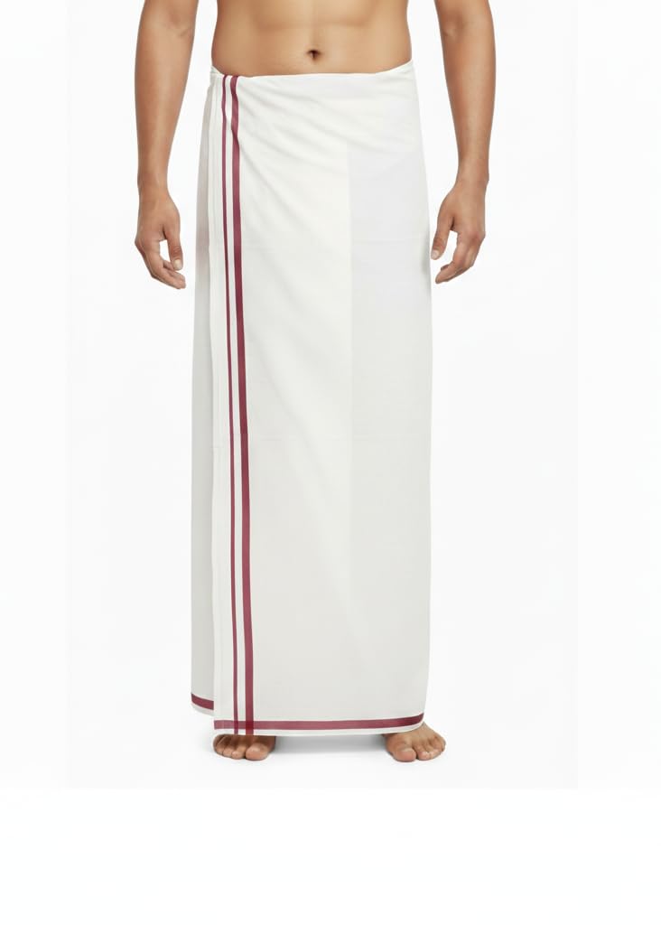 tharunsha elite 100% Cotton Men's Light White Single Dhoti -4.00Mtrs -Fancy Line Border Dhoti set of 1-picture-32
