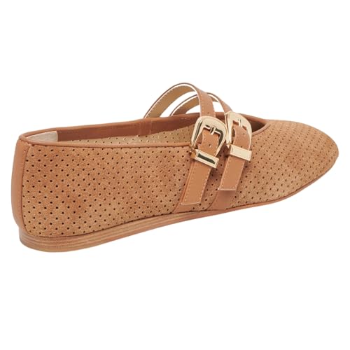 UBWDU Suede Mary Jane Flats for Women Perforated Round Toe Ballet Flats Comfortable Ballerina Shoes with Double Buckle Strap4