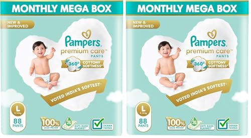 Image of Pampers Premium Care Pant Style Baby Diapers | Large (L size) | 88 Count | Voted India's Softest | All-in-1 with 360 Cottony Softness Diapers| 9-14kg (Pack of 2)