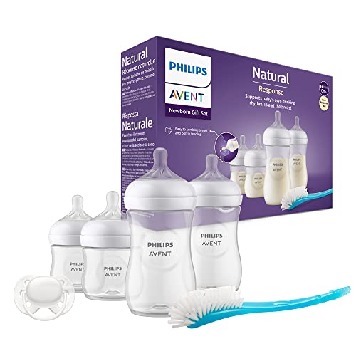 Philips Avent Babyflaschen Natural Response, Geschenkset fur Neugeborene ? 4 Babyflaschen, ultra soft Schnuller und Flaschenburs