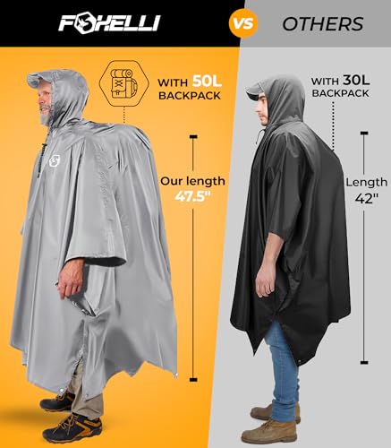 Image of Foxelli Rain Poncho for Adults - Extra Long Reusable Waterproof Raincoat with Hood, Lightweight for Hiking, Camping, Outdoors