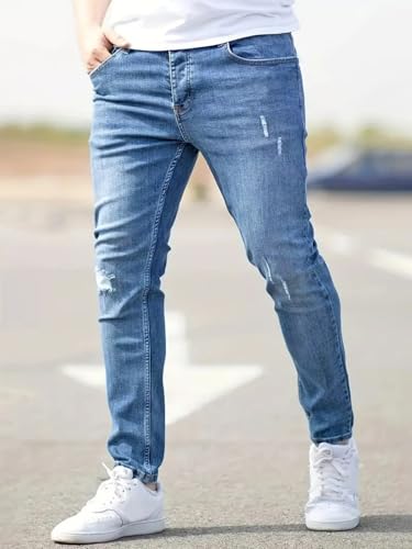 Jeans Pants Trousers Denim Street Trendy Slim Fit Elastic Water Washed Grinding White Personalized Small Leg for Men3