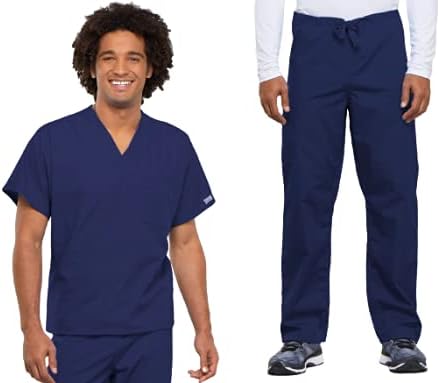 Cherokee Scrub Set for Men and Women from, Traditional Fit V-Neck Top 4777 with Natural Rise Drawstring Cargo Pant 4100