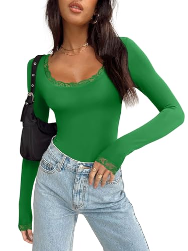 REORIA Womens Sexy Lace Scoop Neck Long Sleeve Body Suit Fall Outfits Double Lined Layering Slim Soft Bodysuit Tops Green Medium — view 2