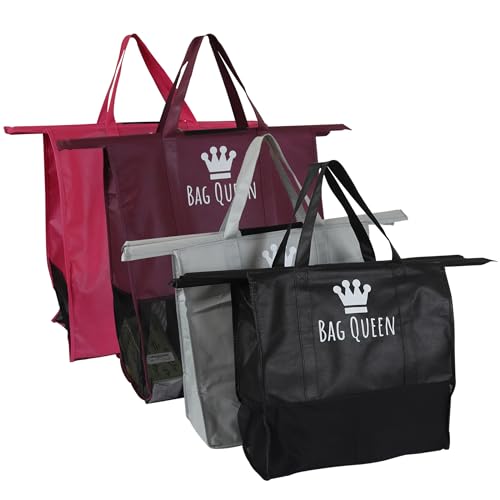 Bag Queen Reusable Shopping Bags for Groceries, Set of 4 - Planet-Friendly Multi-Use Totes - Foldable, Sealable, Washable - Food & Wine Sections, Insulated Bag - (Pink, Maroon, Grey and Black)